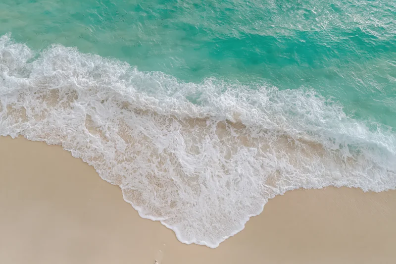 Aerial top-down view of turquoise ocean waves washing over sandy beach