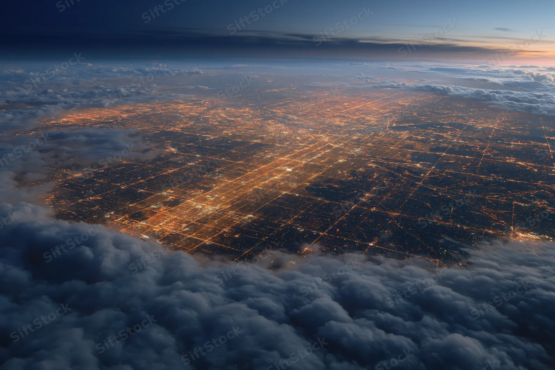 Aerial view of a sprawling city at night from high altitude above clouds
