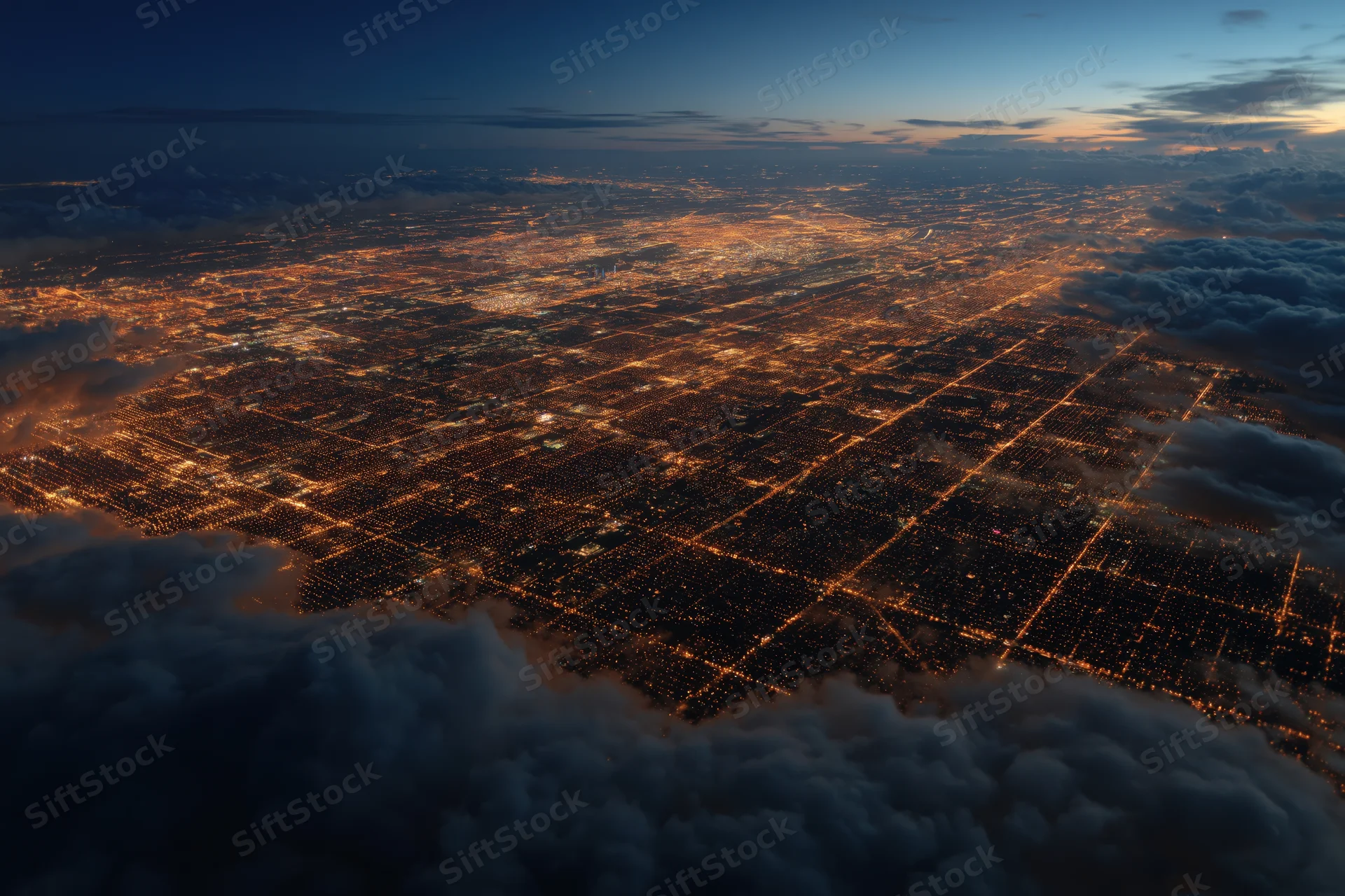 Aerial view of a sprawling city at night with glowing streetlights and clouds below