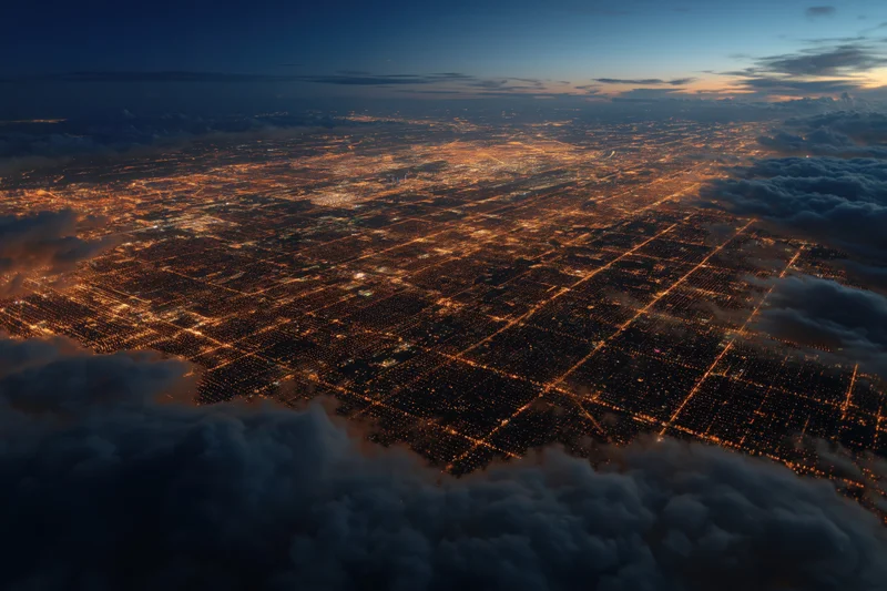 Aerial view of a sprawling city at night with glowing streetlights and clouds below