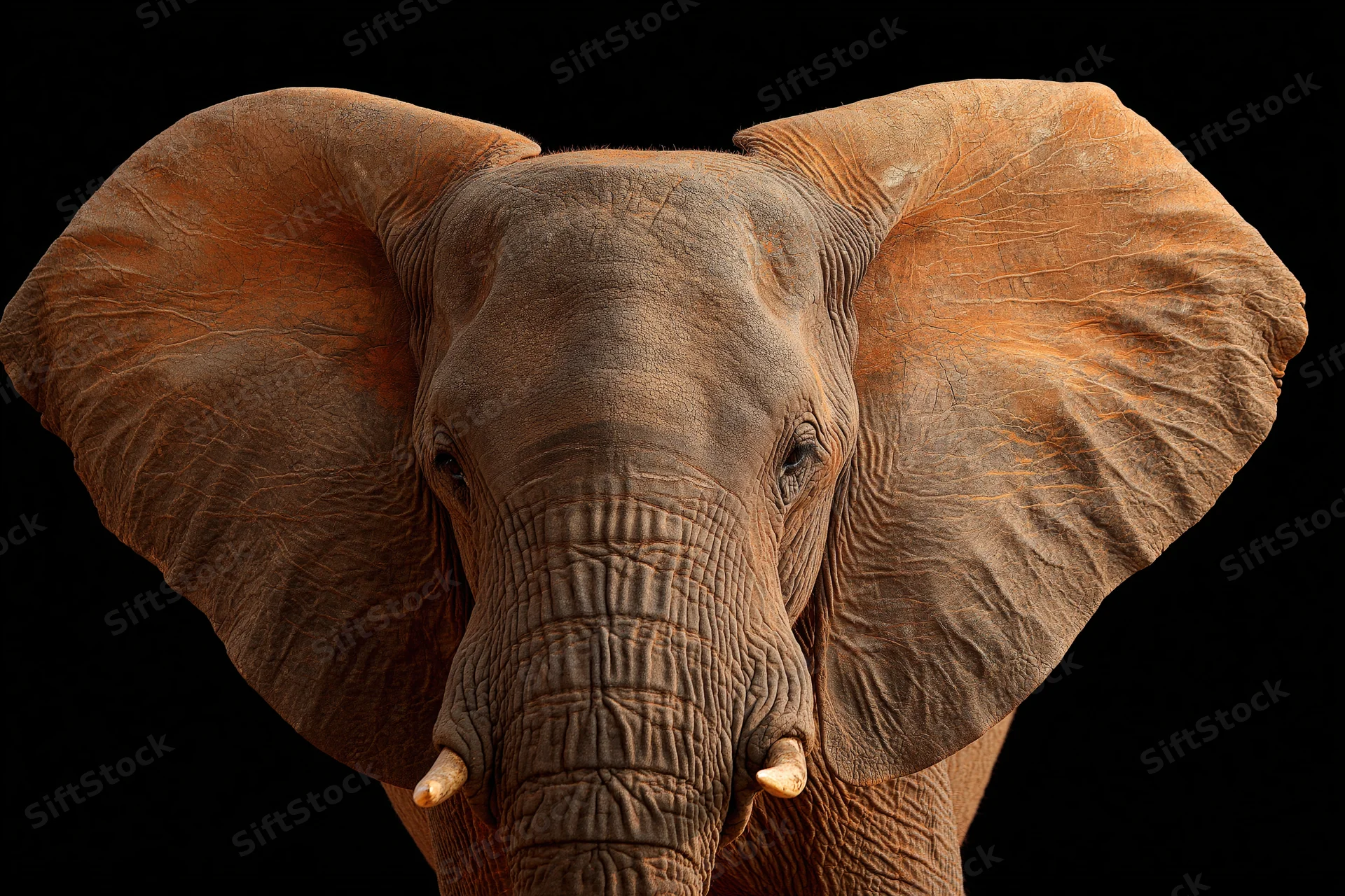 African elephant facing forward with ears spread wide against black background
