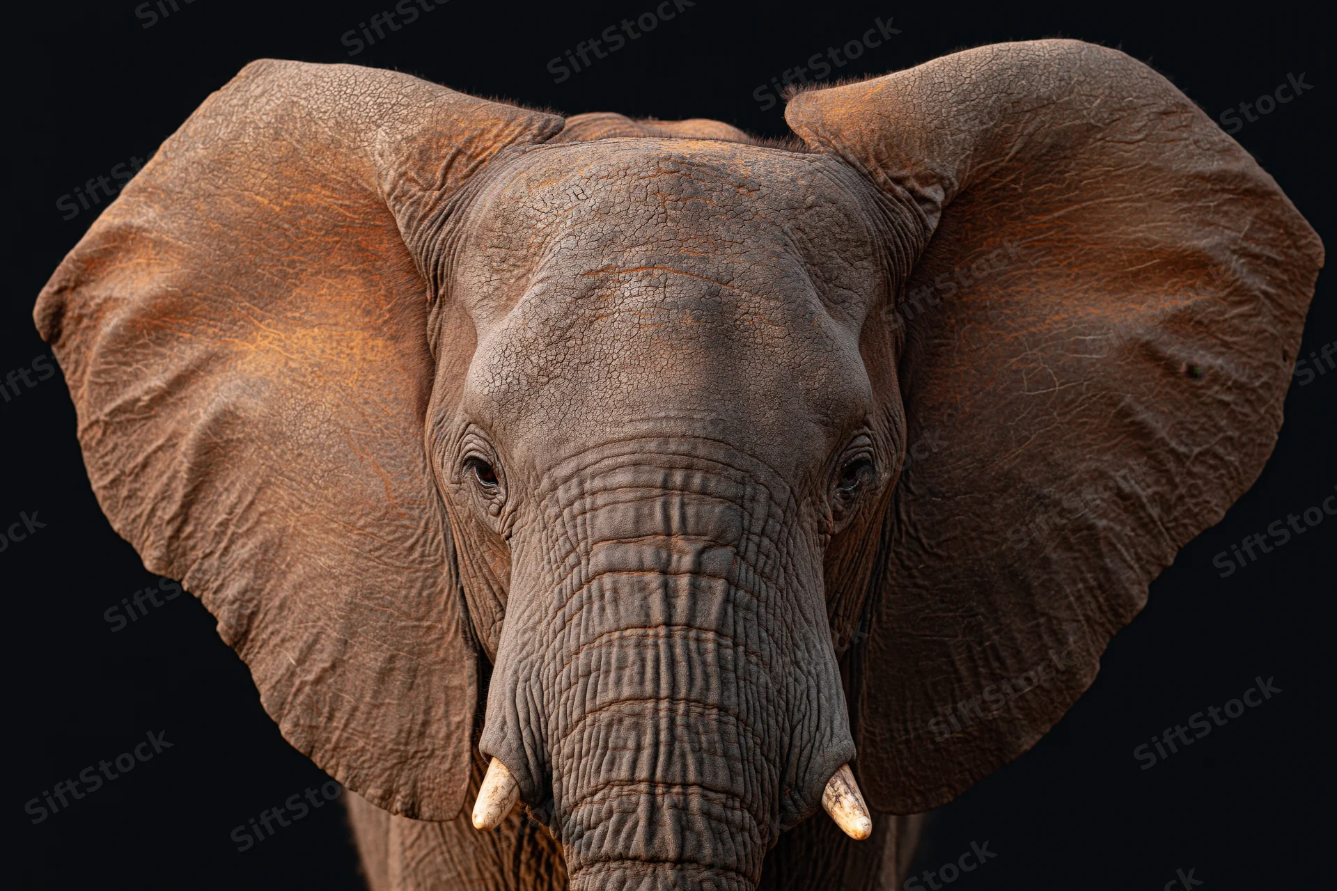 African elephant facing forward with ears spread wide against black background