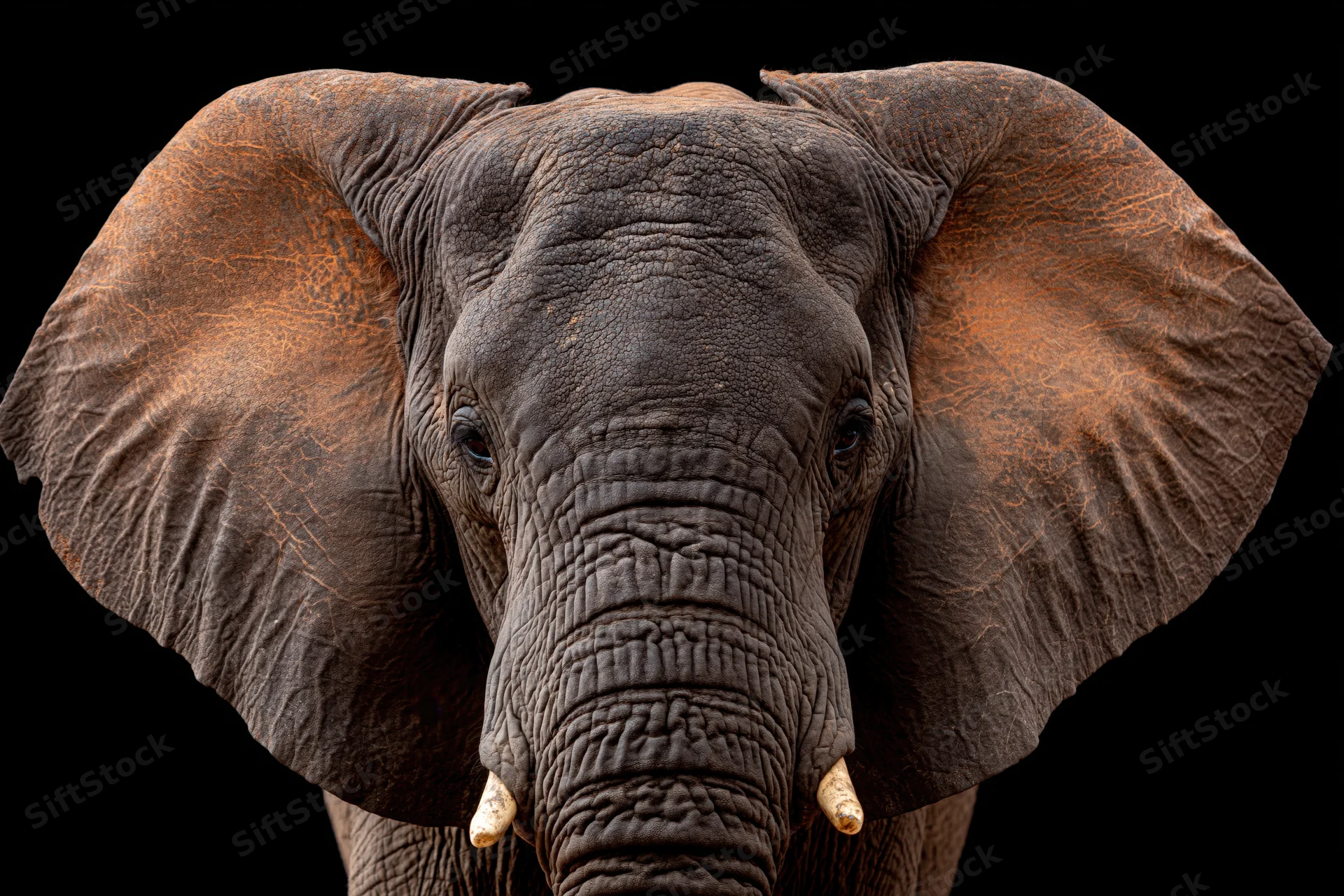 African elephant facing forward with ears spread wide against black background