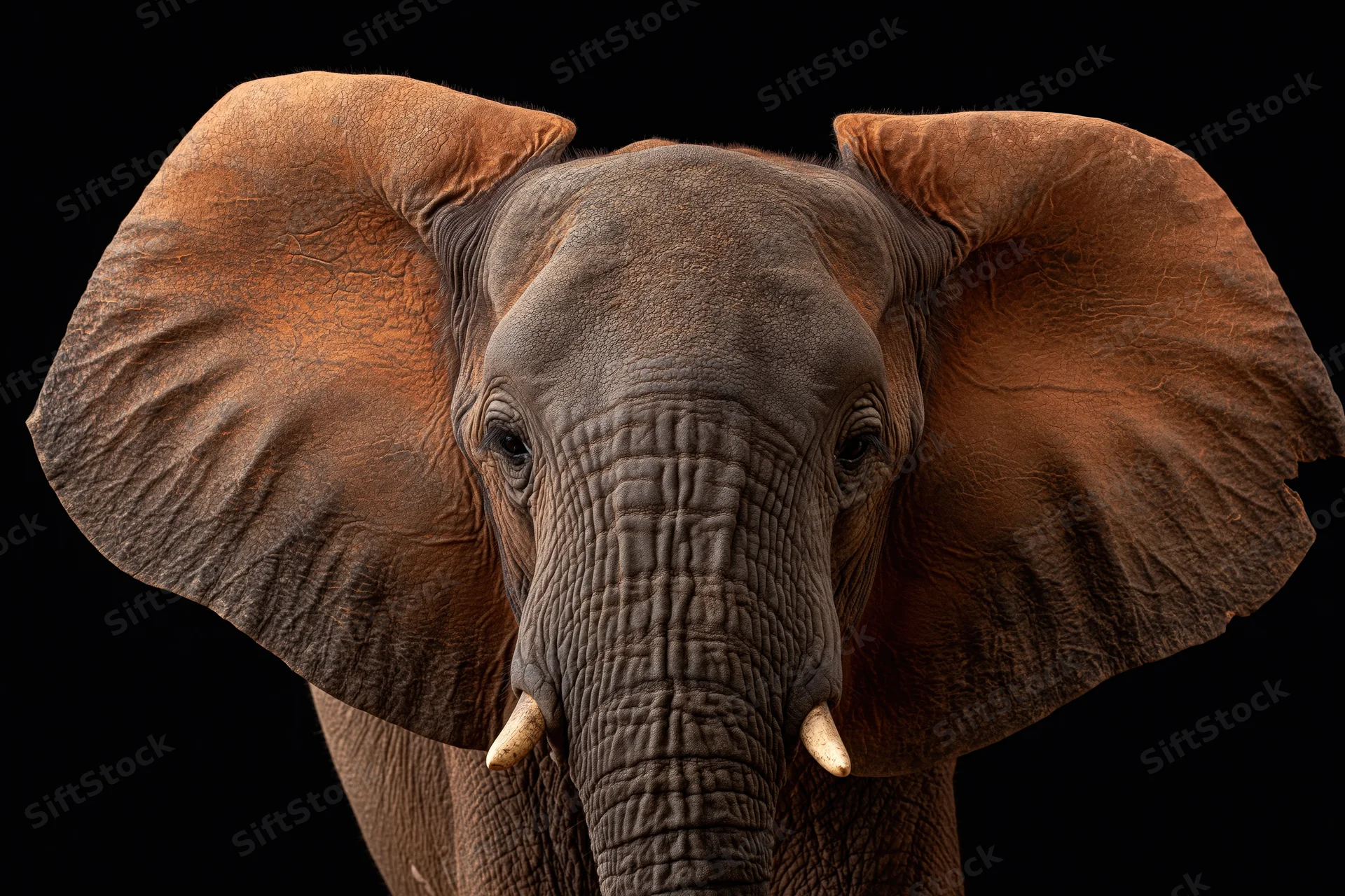 African elephant facing forward with ears spread wide against black background