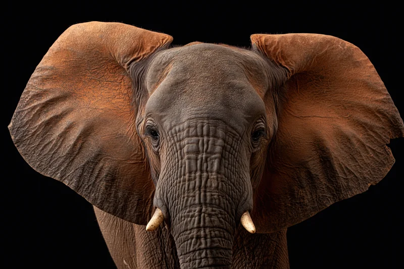 African elephant facing forward with ears spread wide against black background