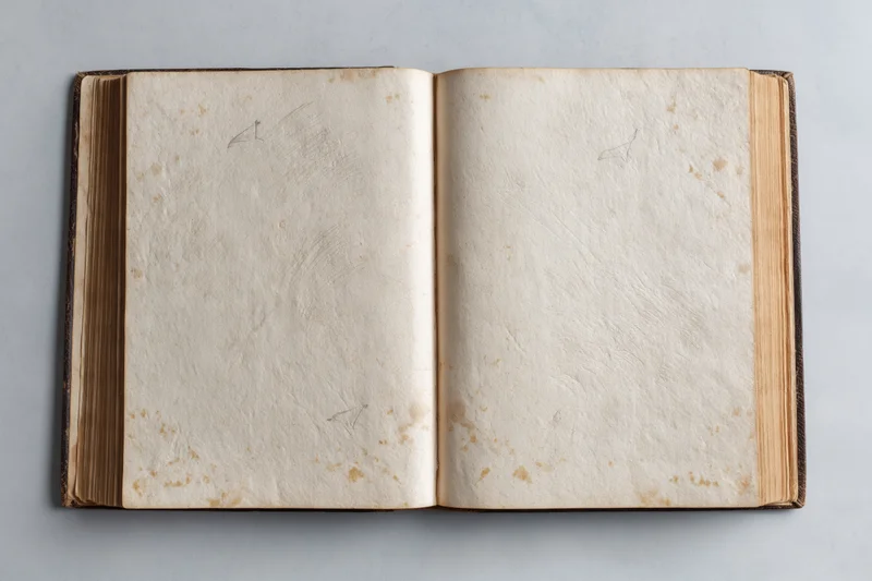 Open antique hardcover book with blank aged pages lying flat on gray surface