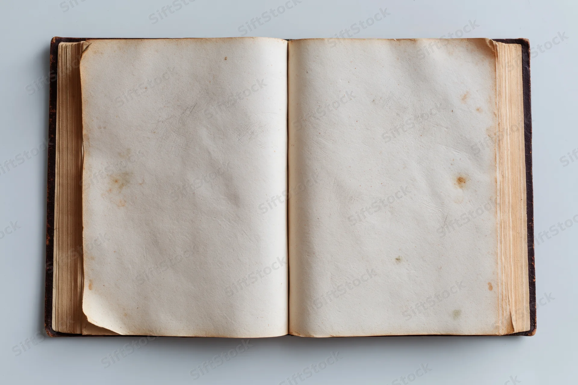 Open antique hardcover book with blank aged pages lying flat on light surface