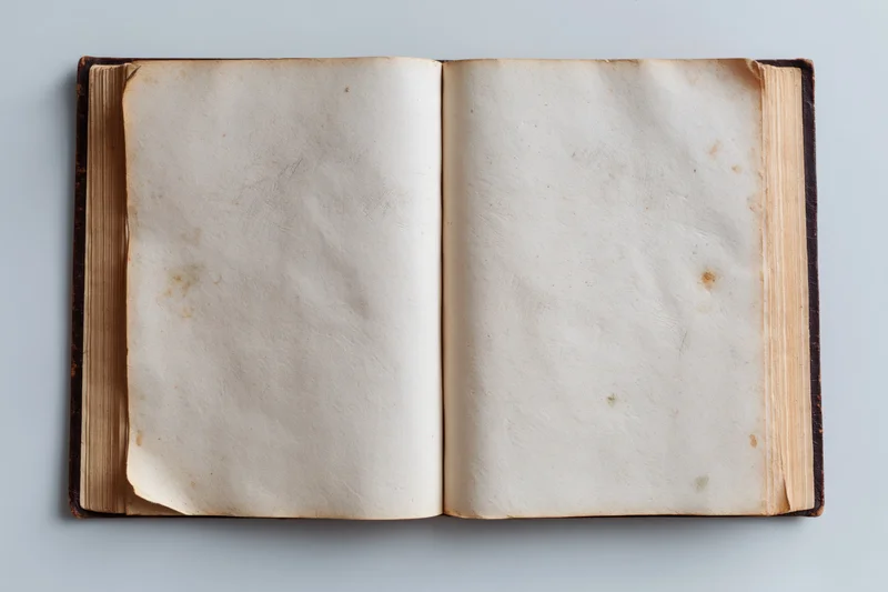 Open antique hardcover book with blank aged pages lying flat on light surface