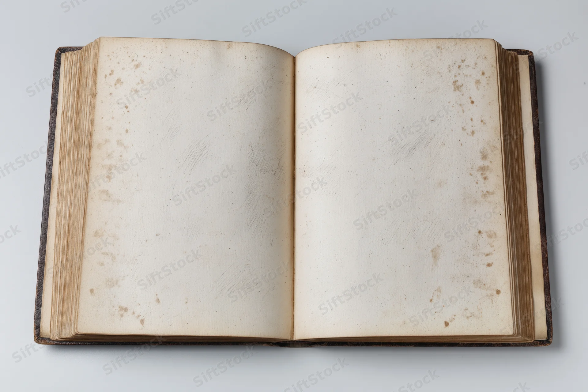Open antique hardcover book with blank aged pages lying flat on white surface
