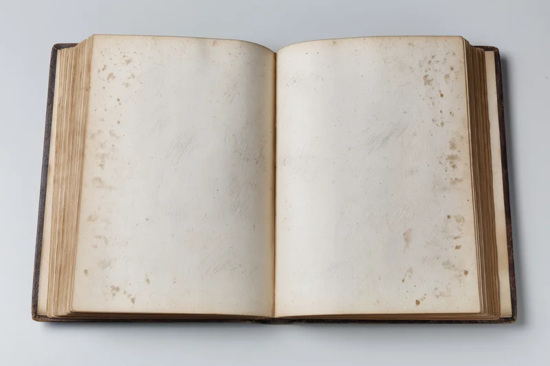 Open antique hardcover book with blank aged pages lying flat on white surface