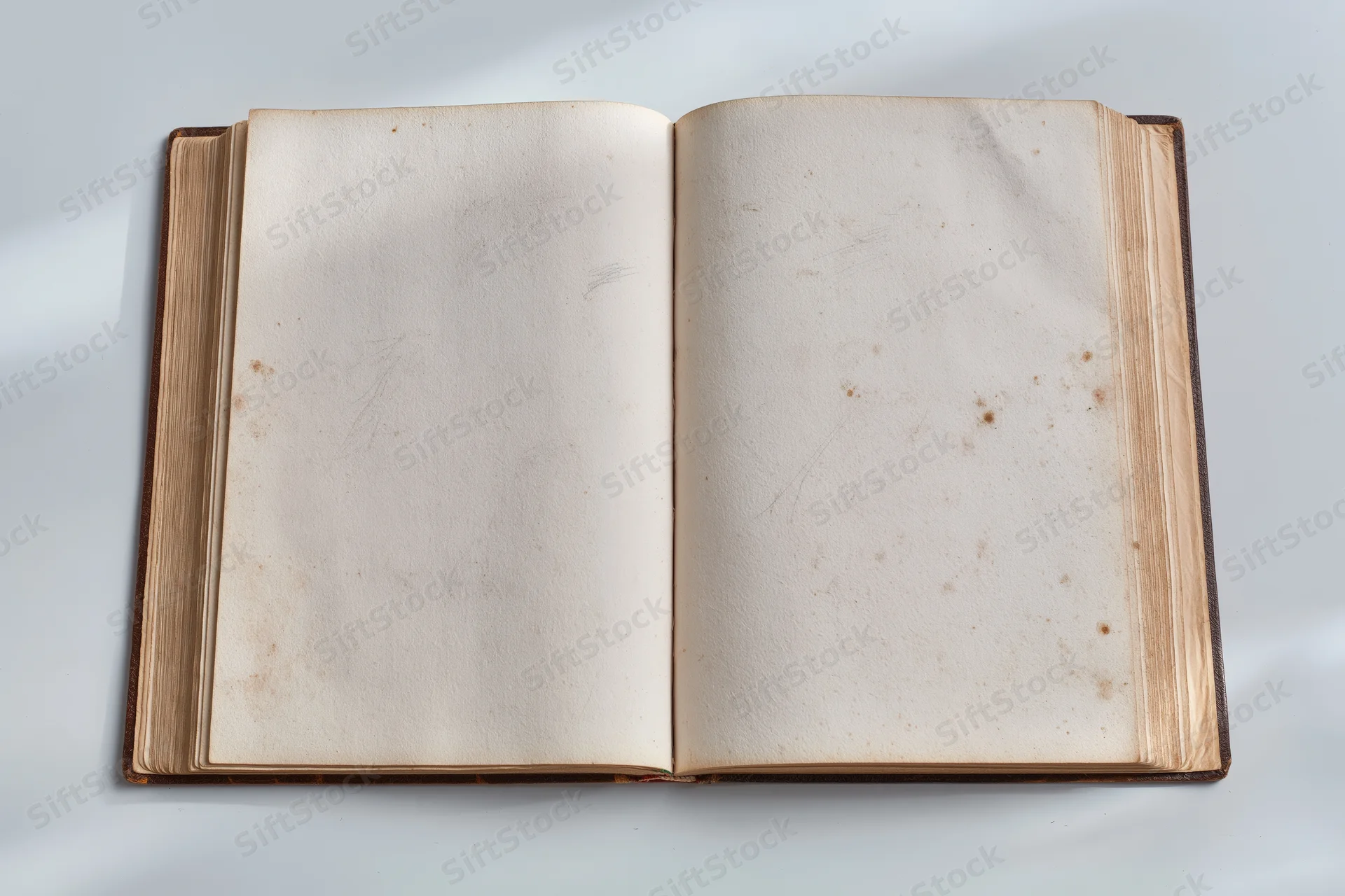 Open antique hardcover book with blank aged pages on white surface