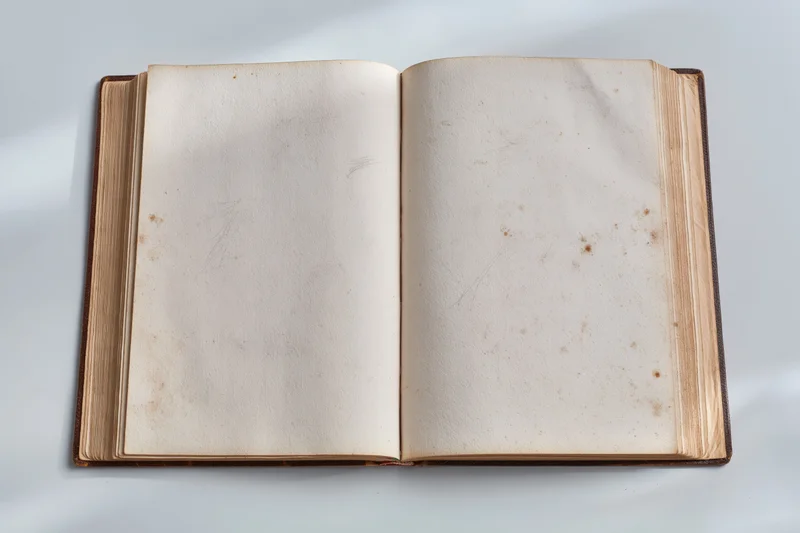 Open antique hardcover book with blank aged pages on white surface