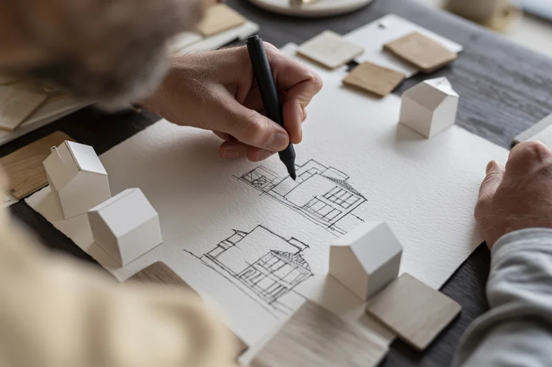 Architect sketching house designs on paper with miniature models around on desk