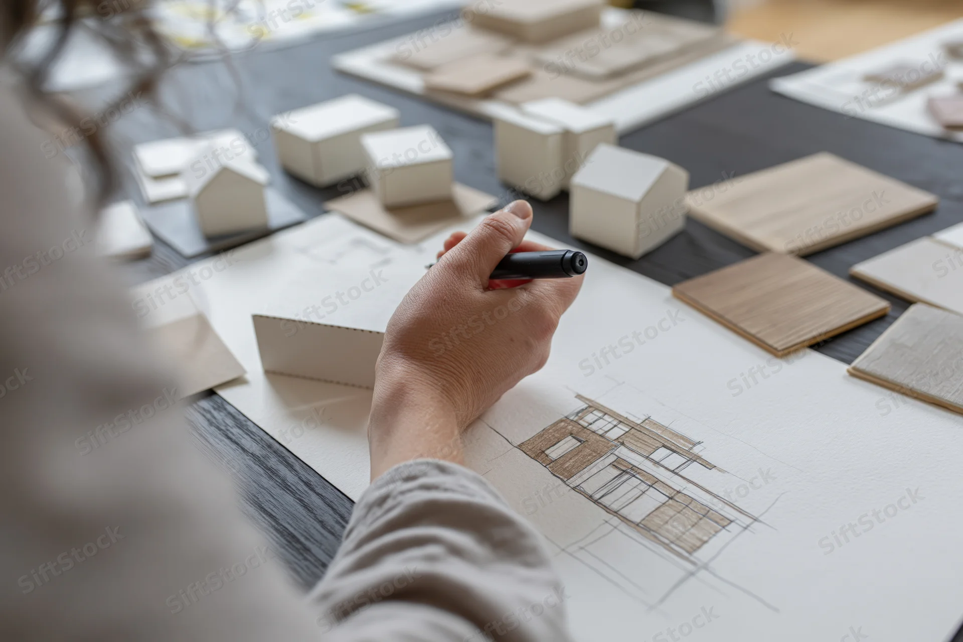 Architect's hand holding marker over hand-drawn building sketch on desk with material samples and architectural models