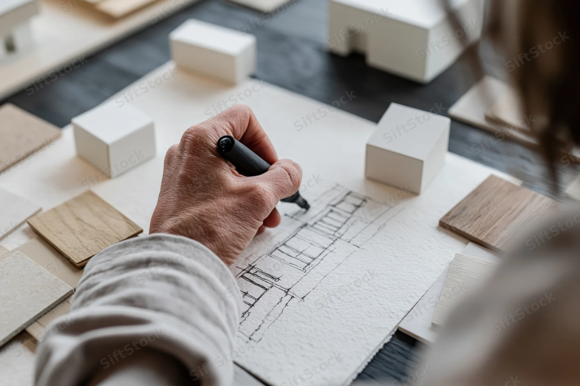 Architect's hand sketching building design on paper at desk