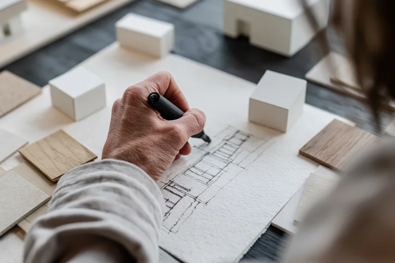 Architect's hand sketching building design on paper at desk