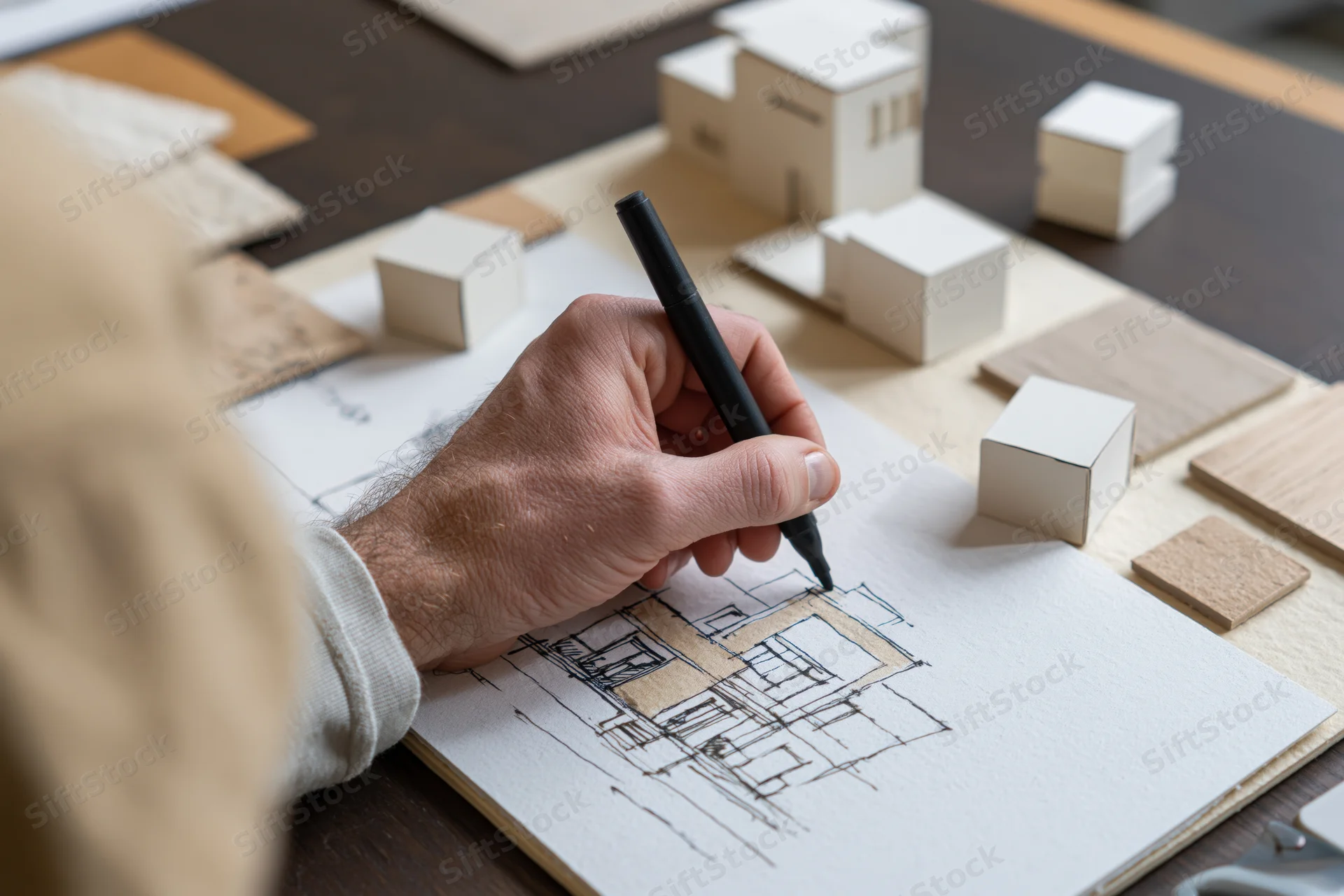 Architect's hand sketching building design on paper with architectural models nearby
