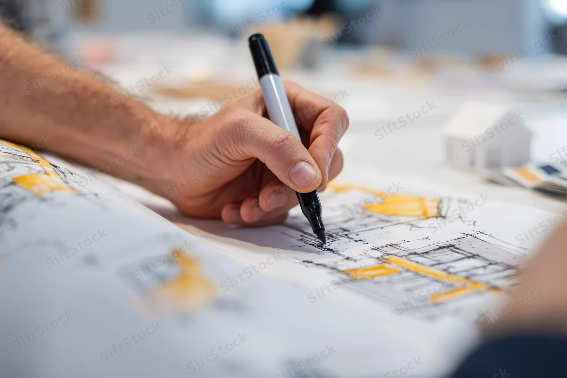 Architect's hand sketching a building design on blueprint paper at a desk