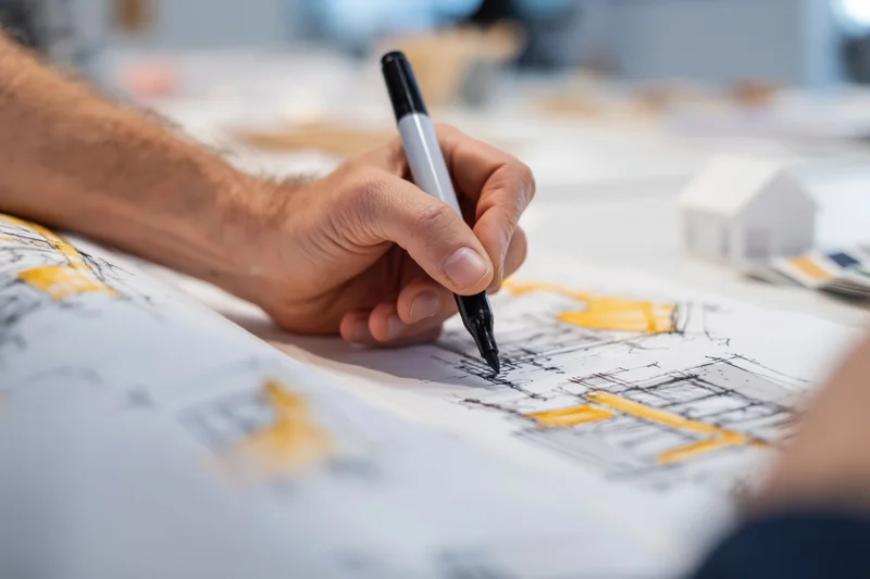 Architect's hand sketching a building design on blueprint paper at a desk