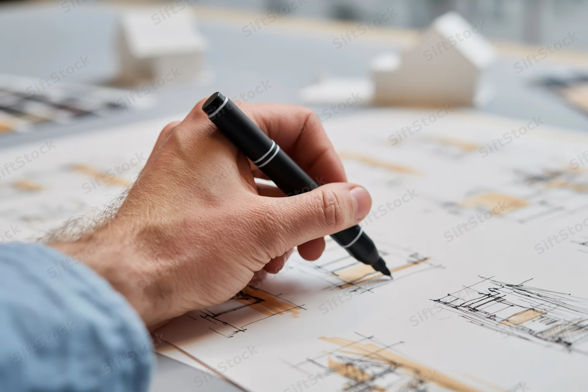Architect's hand sketching building designs on paper at a desk