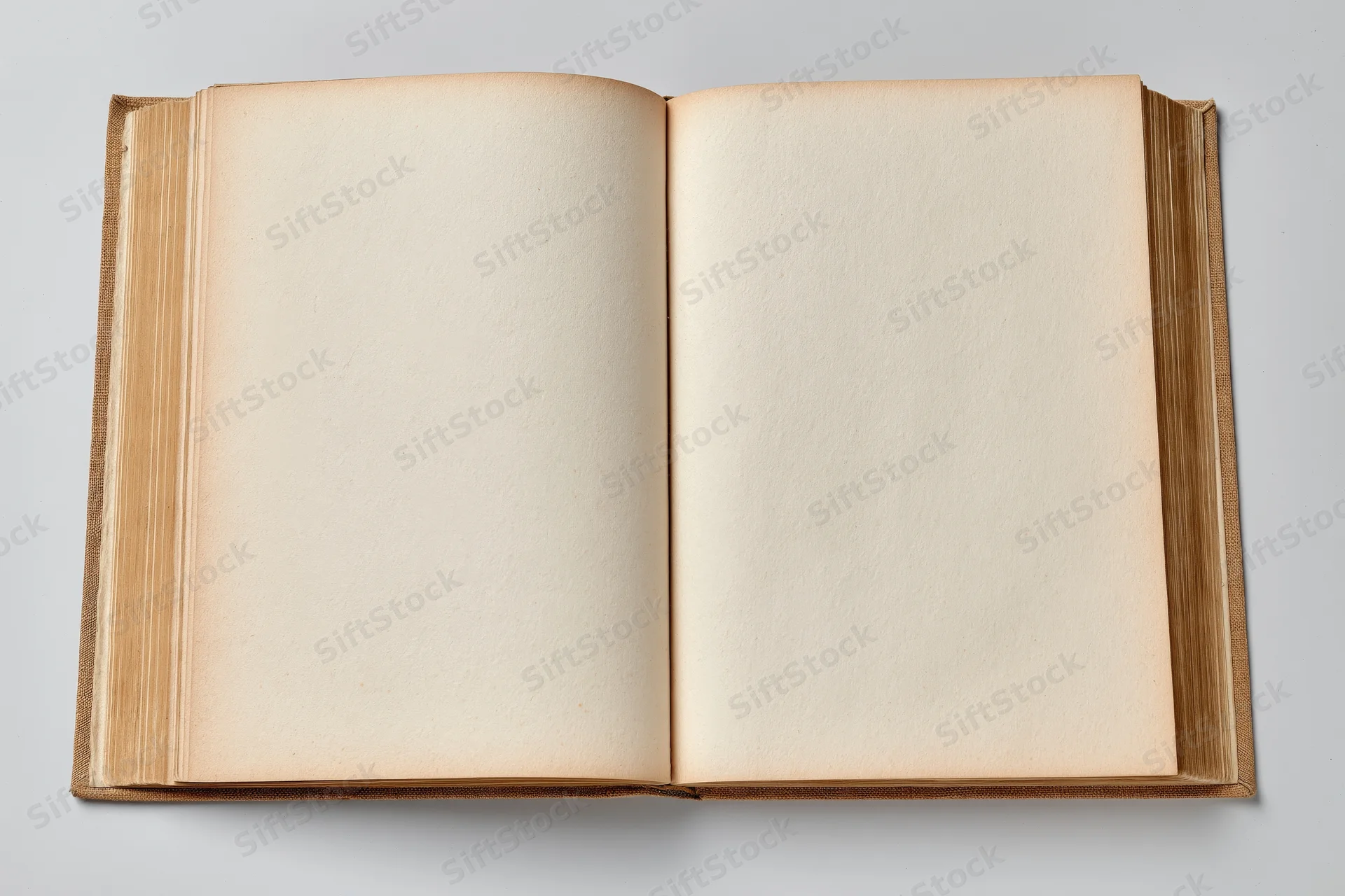 Open vintage hardcover book with blank yellowed pages on plain surface