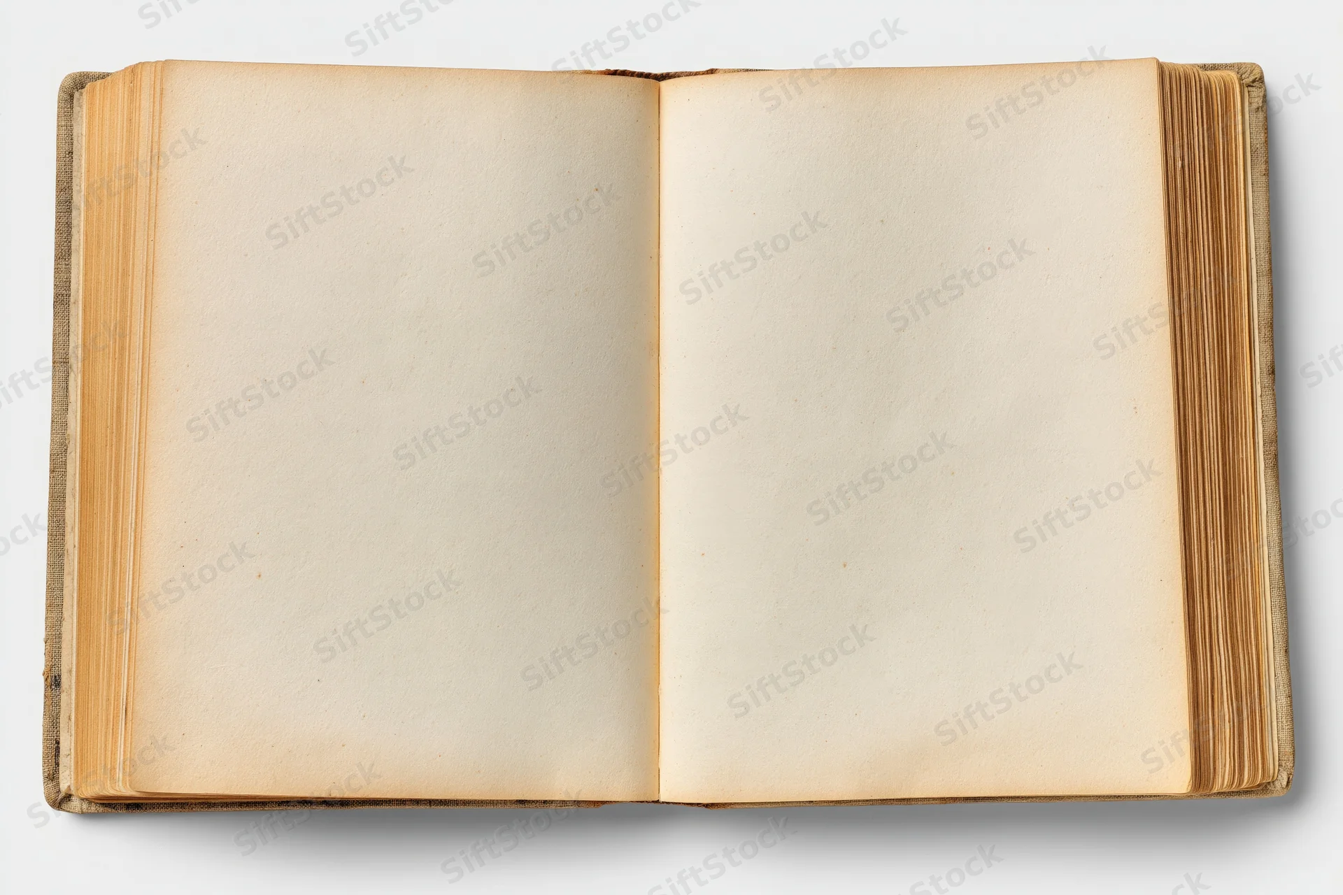 Open vintage hardcover book with blank yellowed pages on white background