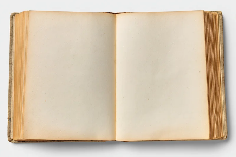 Open vintage hardcover book with blank yellowed pages on white background