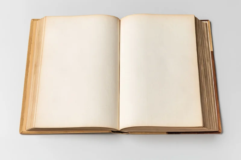 Open vintage hardcover book with blank yellowed pages on white background