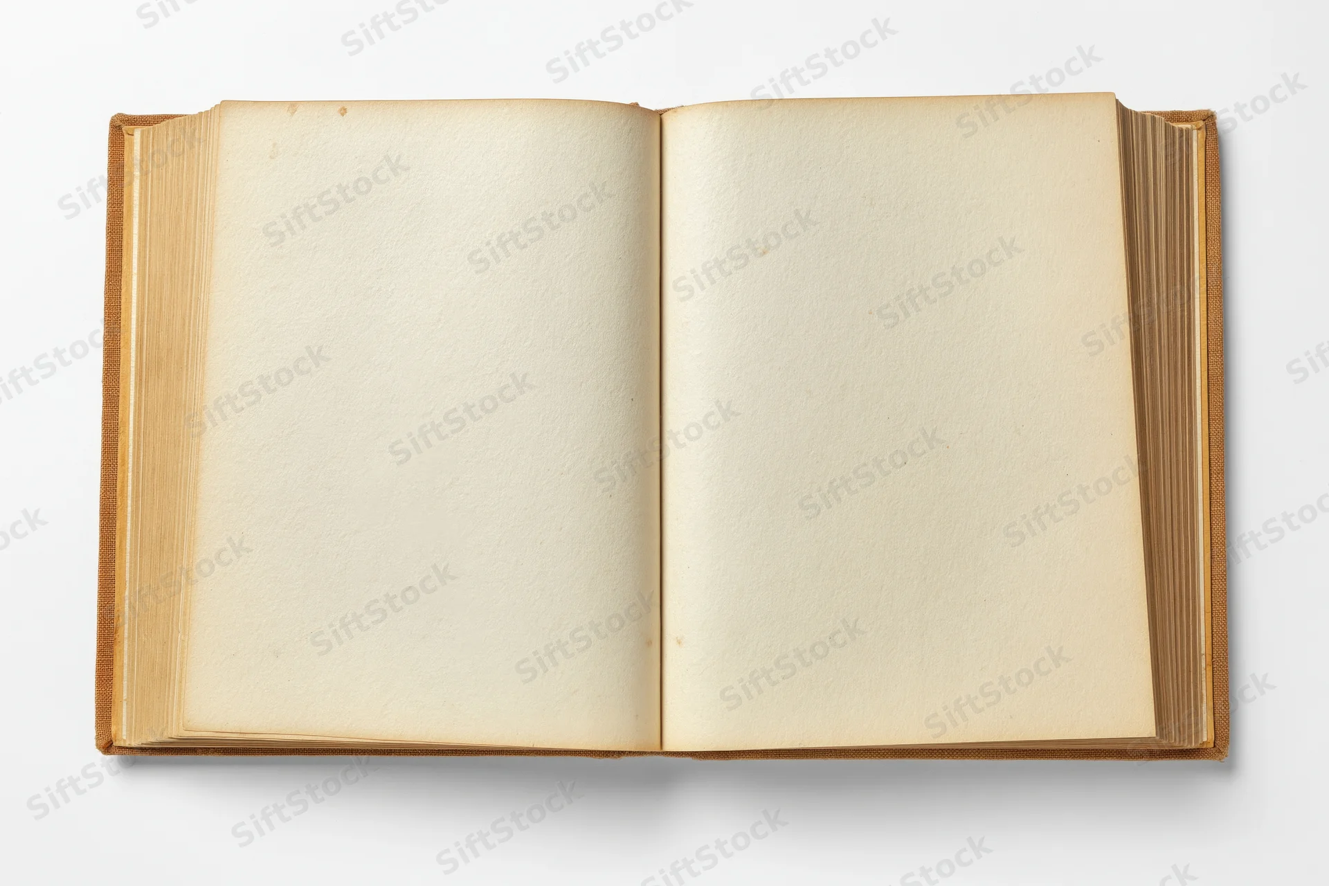Open vintage hardcover book with blank yellowed pages on white background