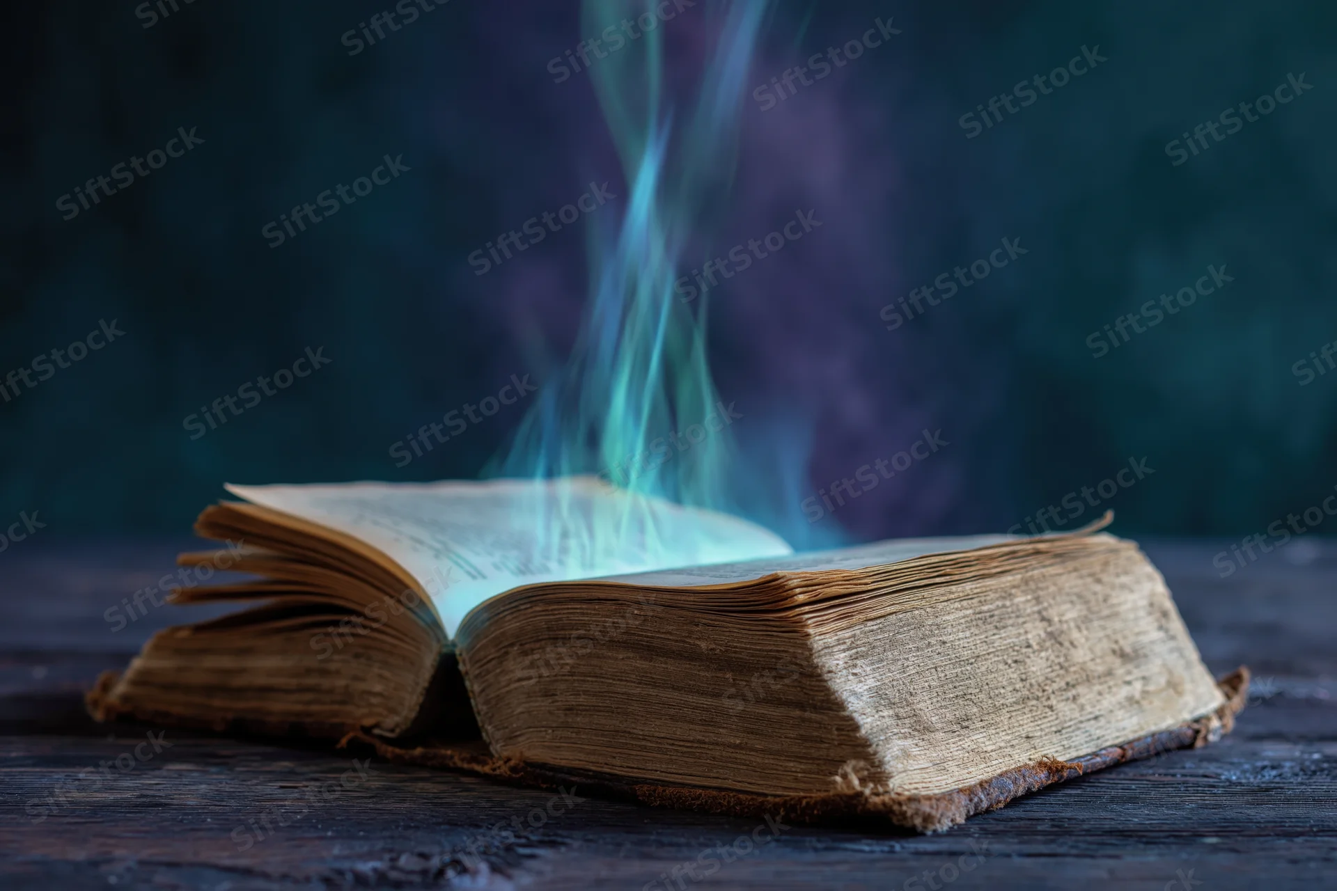 Open old weathered hardcover book with glowing blue smoke rising from pages on dark wooden surface