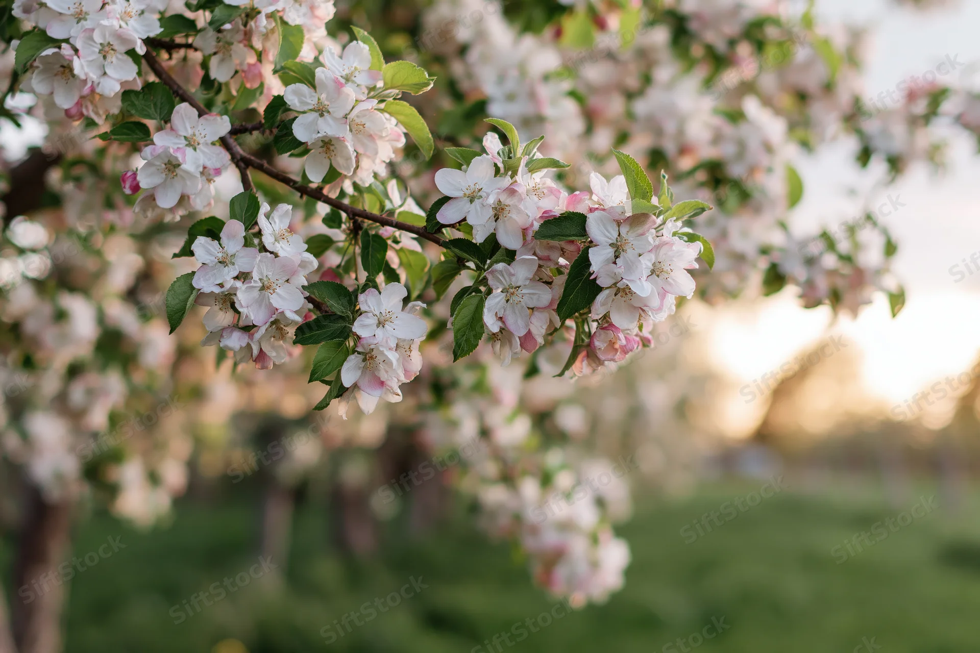 Close-up of apple tree branch with white and pink blossoms in spring garden