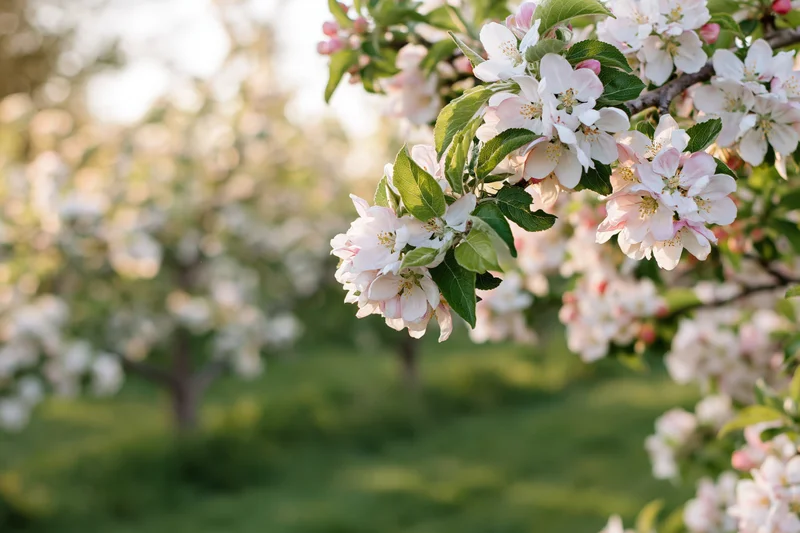 Close-up of apple tree branch with white and pink blossoms in spring garden