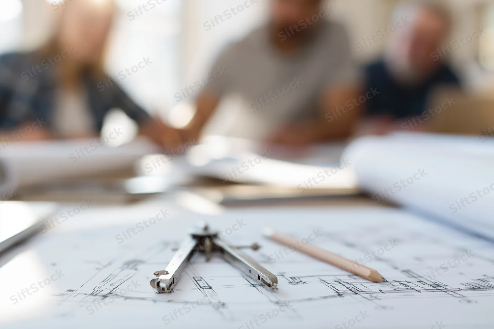 Drafting compass and pencil on blueprint with team in background at office meeting