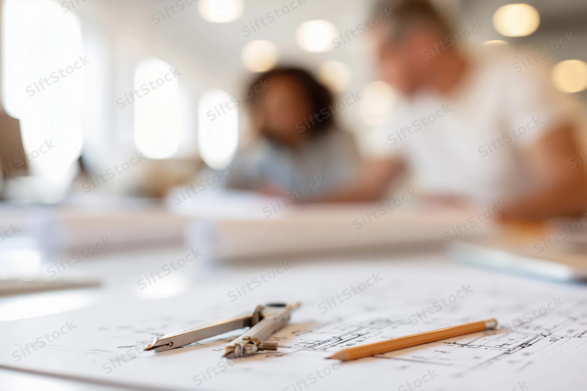 Drafting compass and pencil on architectural blueprint in office with blurred team in background