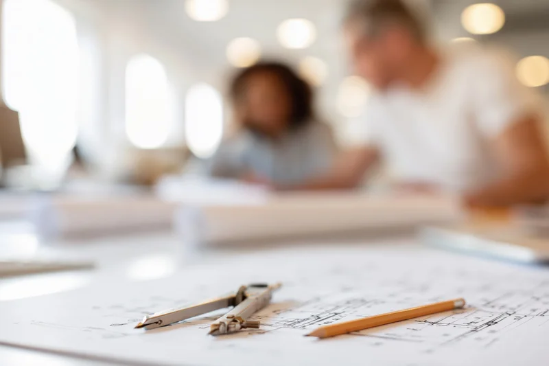 Drafting compass and pencil on architectural blueprint in office with blurred team in background