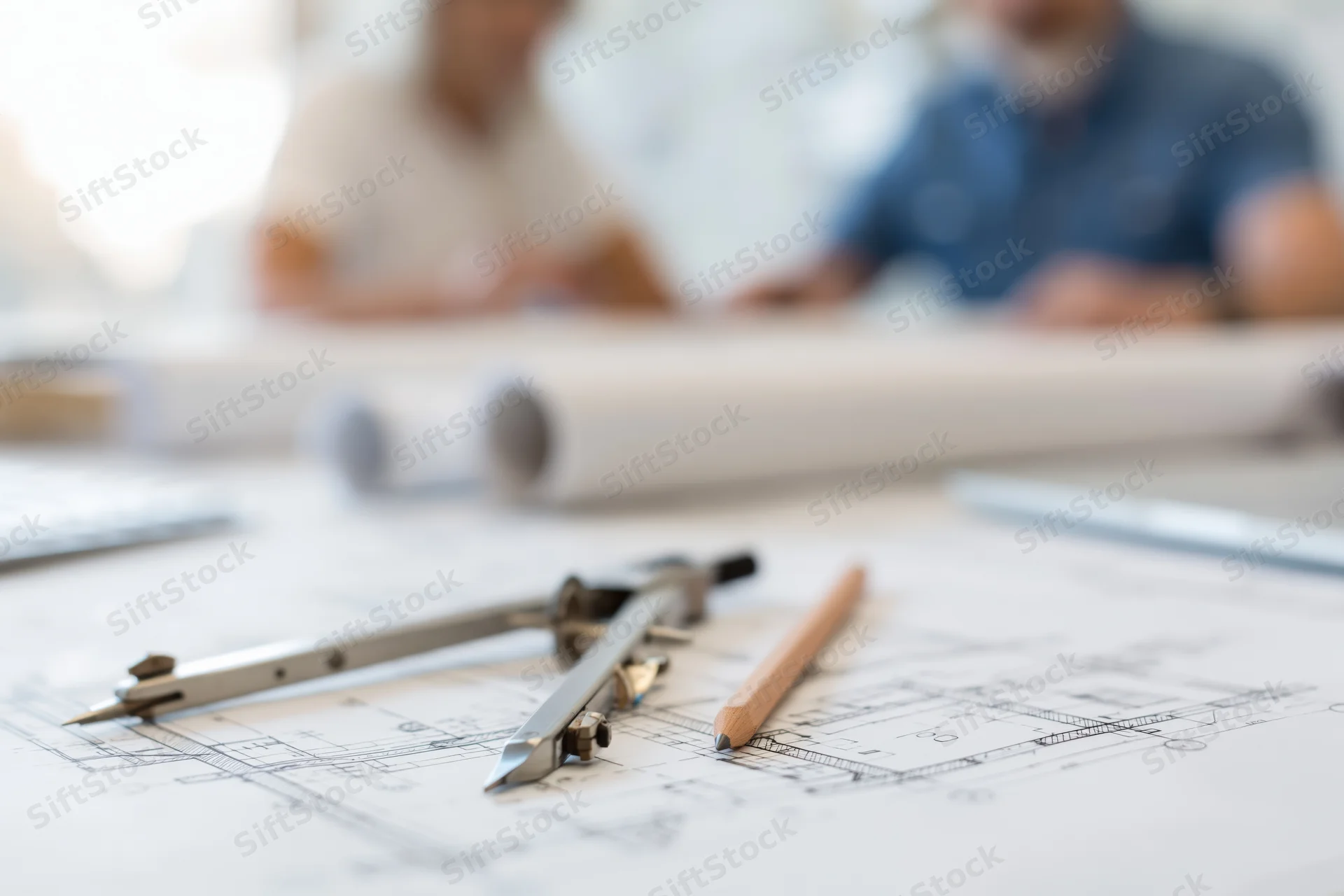 Architectural drafting tools on blueprint with professionals in background meeting at office table