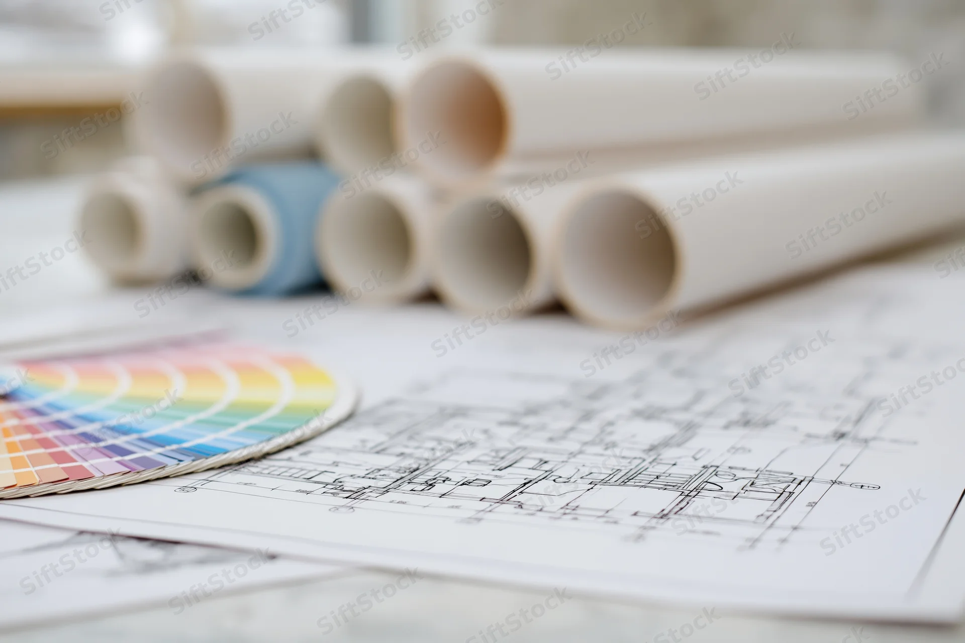 Architectural blueprints spread on a work surface with rolled plans and a color swatch nearby