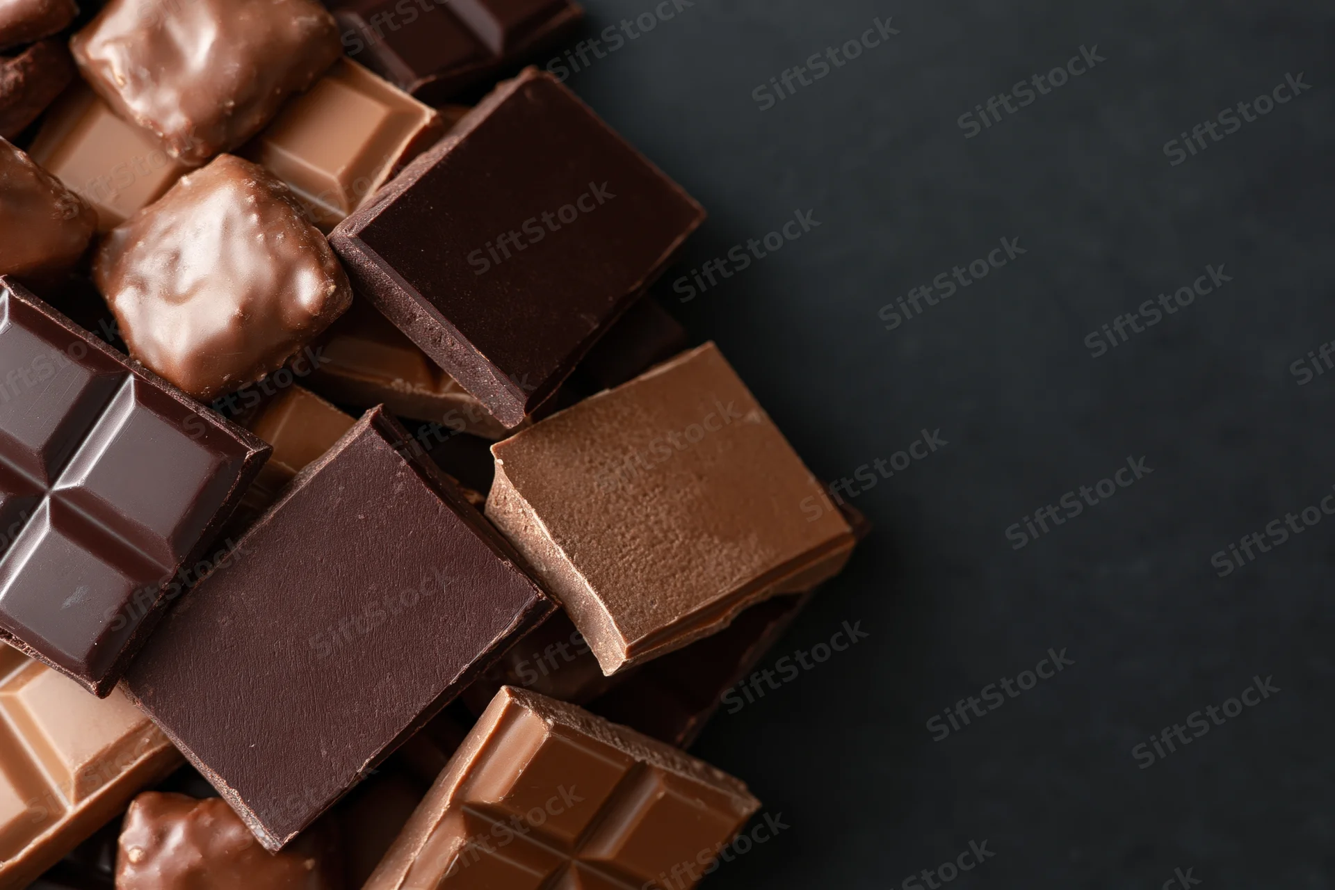 Assorted chocolate bars and praline candies arranged in a pile on dark surface with copyspace
