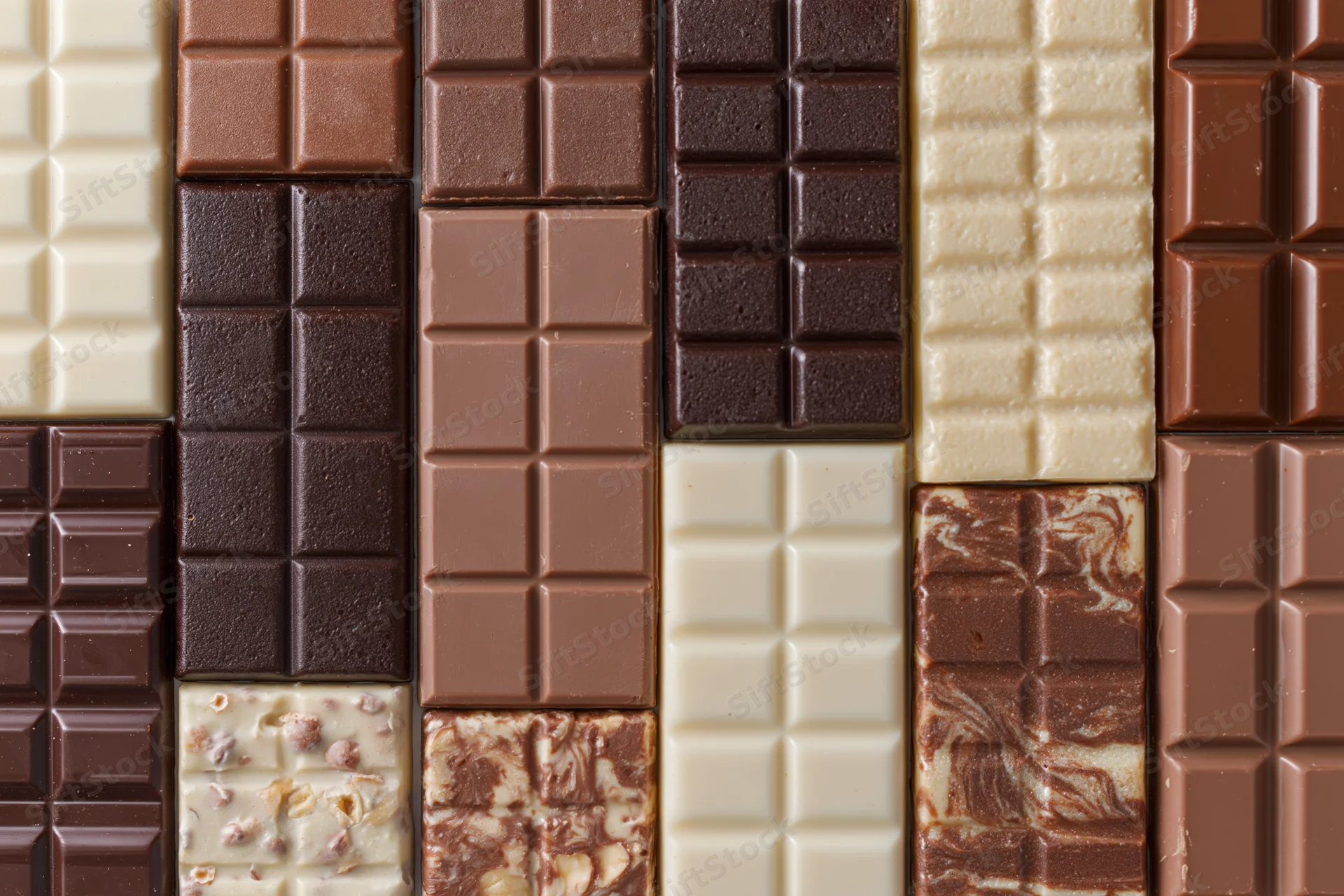 Assorted chocolate bars arranged in a flat grid pattern