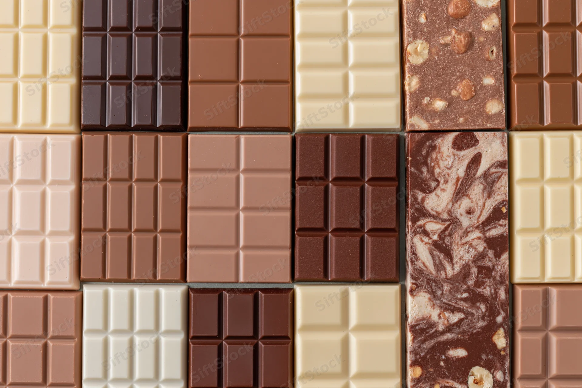 Assorted chocolate bars arranged in a grid pattern on flat surface