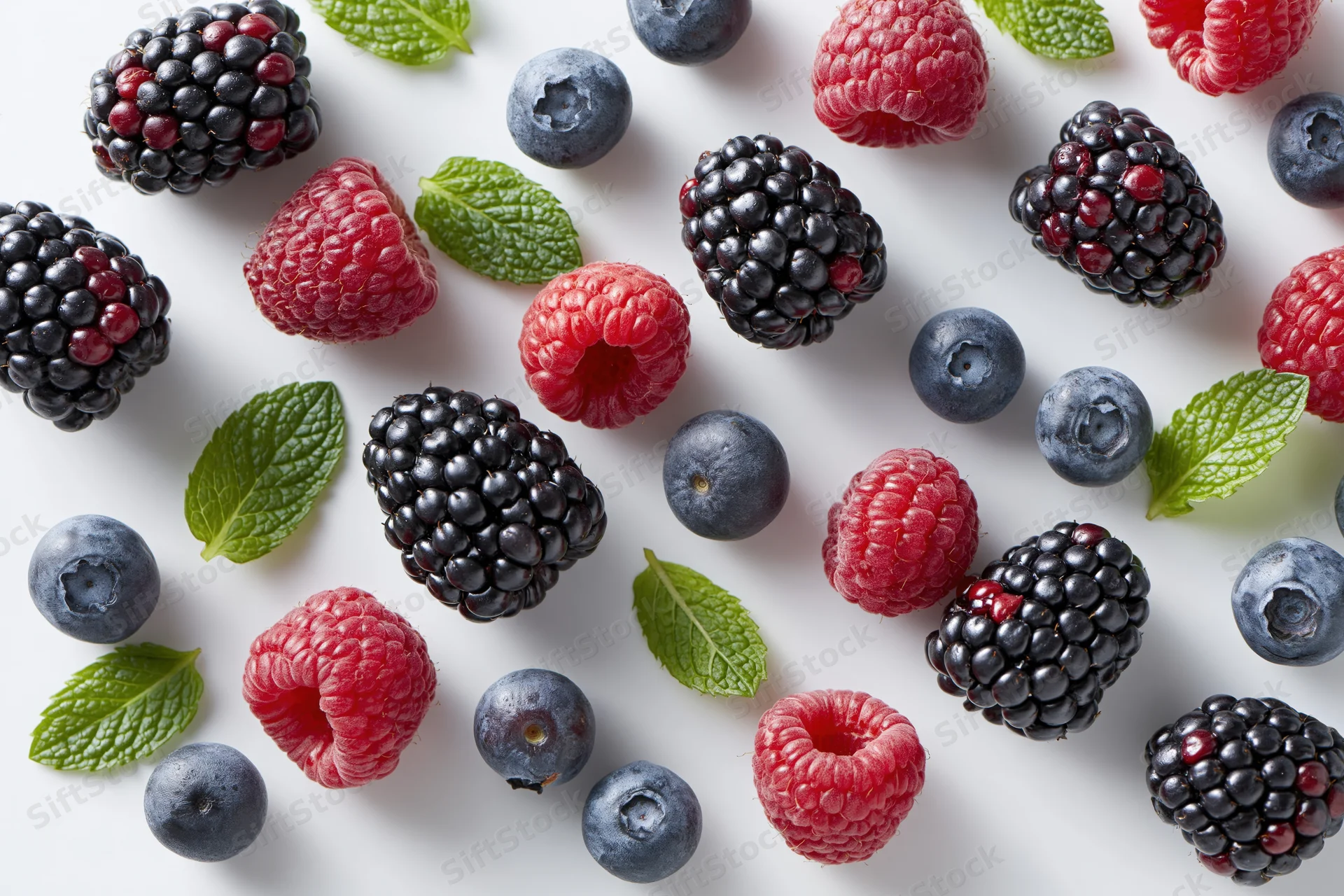 Assorted fresh berries and mint leaves scattered on a white surface in a flat lay arrangement
