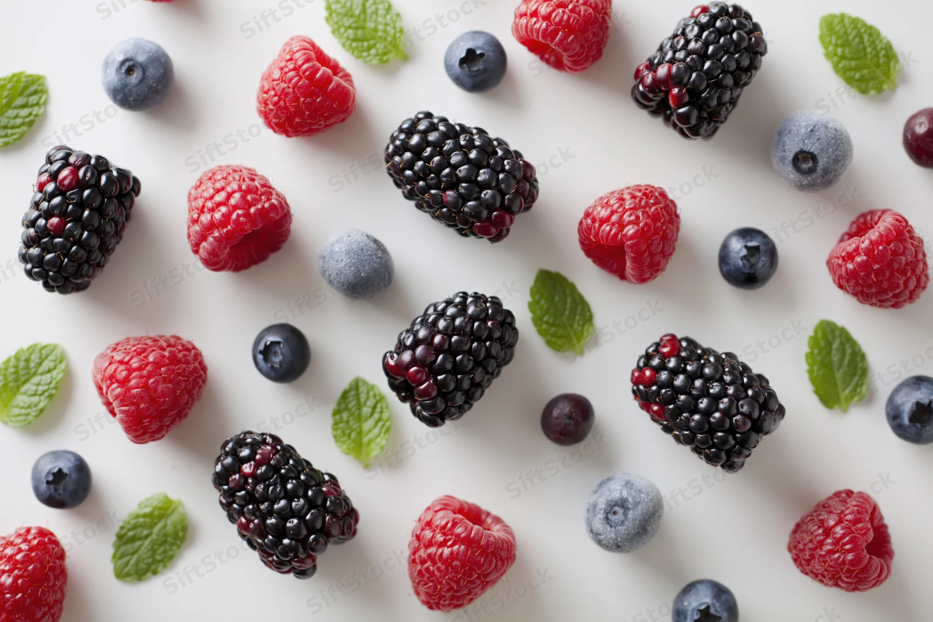 Assorted fresh berries and mint leaves scattered on a white surface in a flat lay arrangement