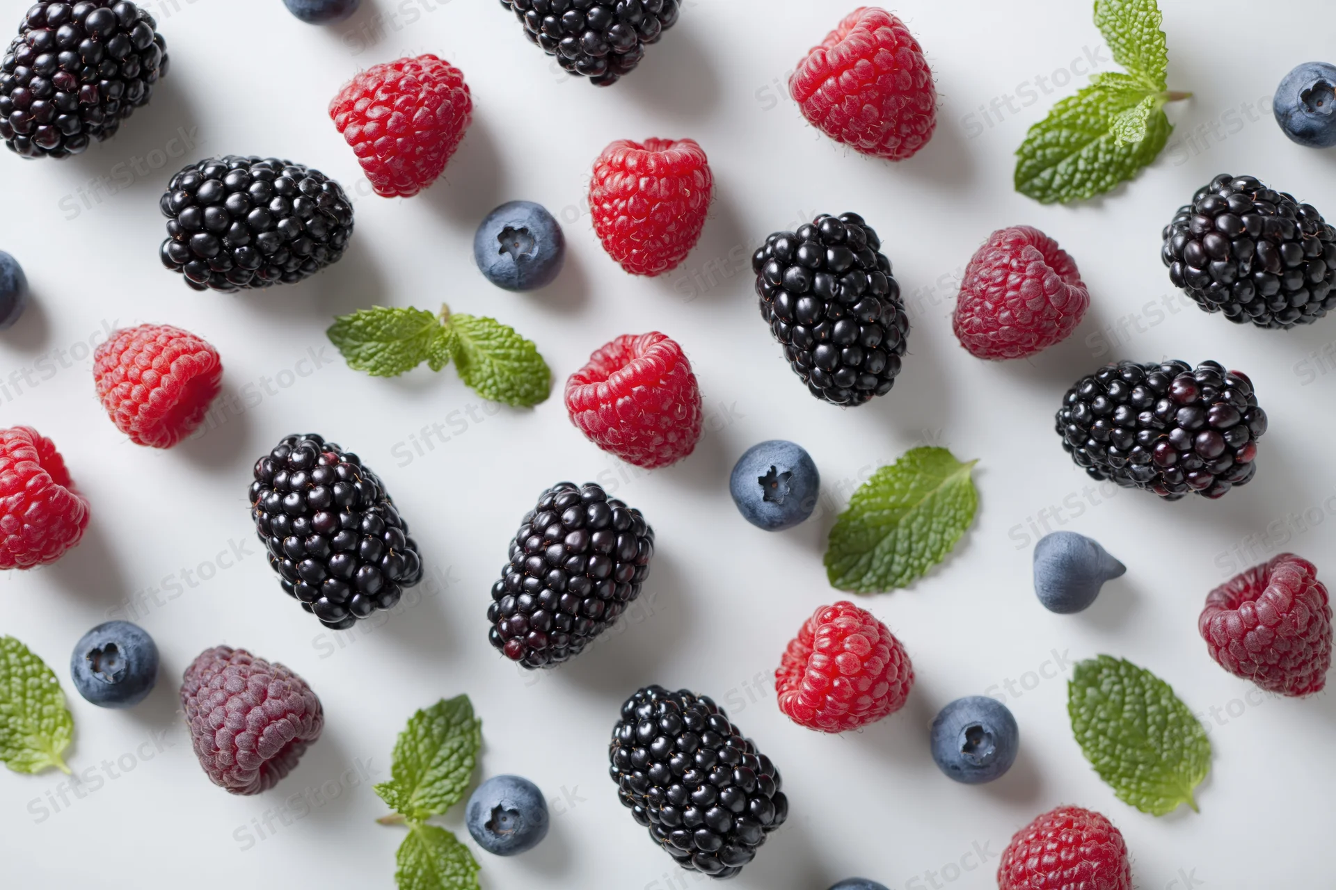 Assorted fresh berries and mint leaves scattered on a white surface in a flat lay composition