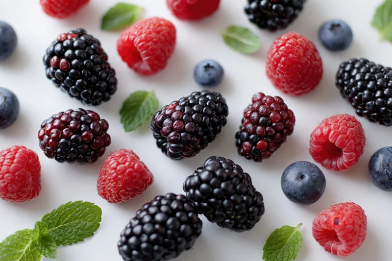 Assorted fresh berries and mint leaves scattered on a white surface in a flat lay arrangement