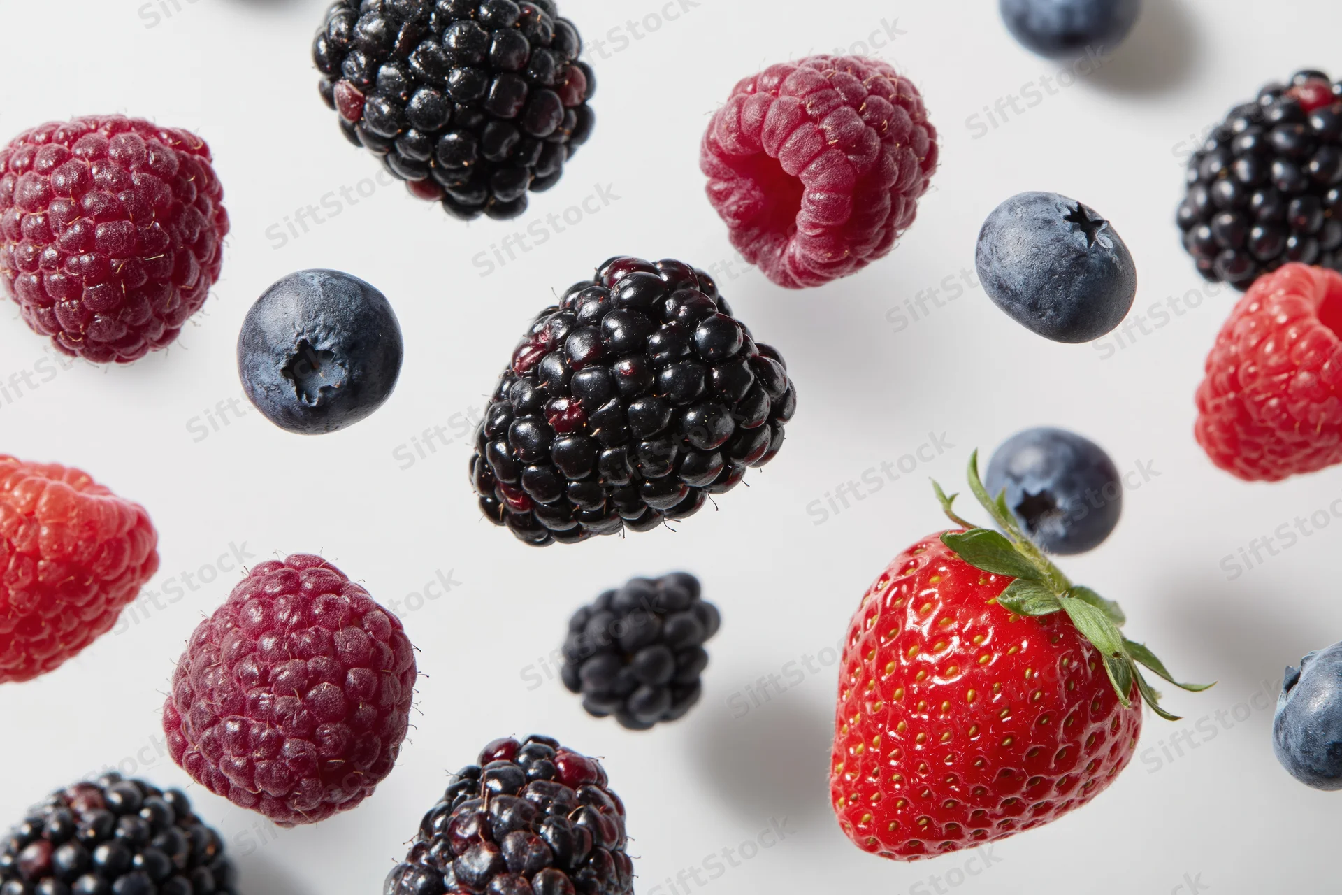Assorted fresh berries scattered on a white surface