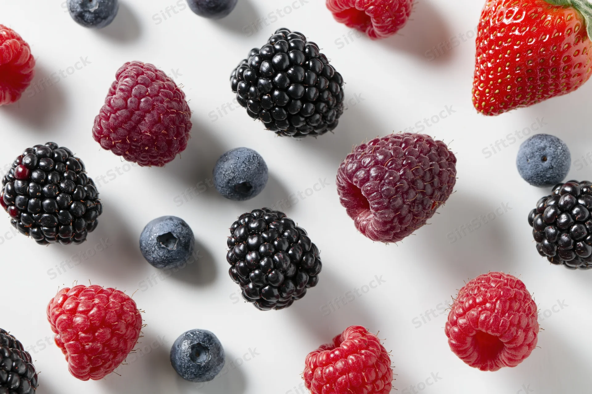 Assorted fresh berries including raspberries, blackberries, blueberries and strawberries arranged on a white surface in a flat lay composition