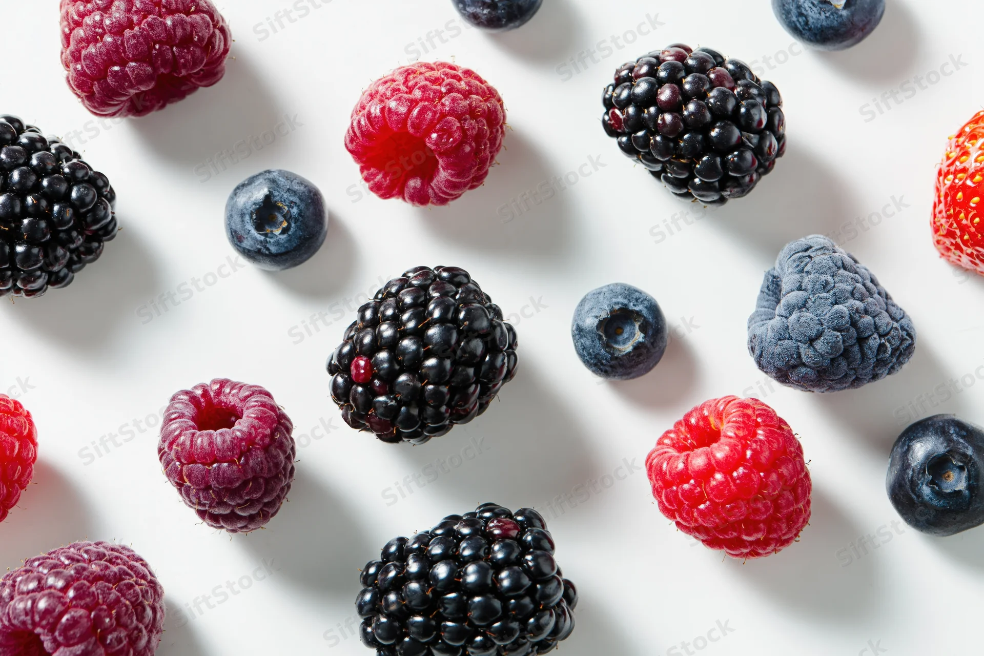Assorted fresh berries including raspberries, blackberries, blueberries and strawberries arranged on a white surface in a flat lay top view