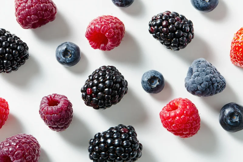 Assorted fresh berries including raspberries, blackberries, blueberries and strawberries arranged on a white surface in a flat lay top view