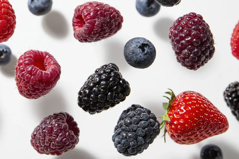 Assorted fresh berries scattered on white surface in flat lay view