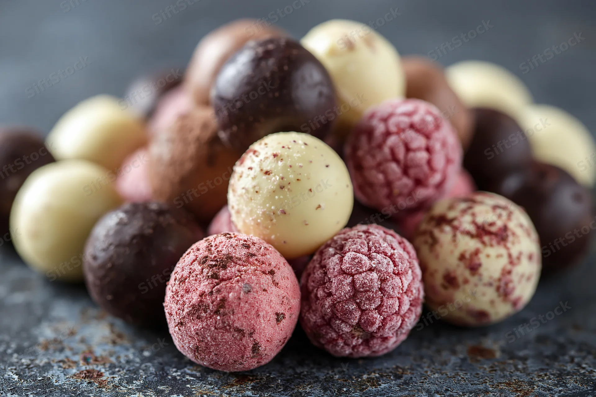 Assorted handmade chocolate truffles and pralines piled loose on a dark stone surface